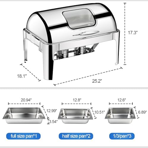 13 QT Roll Top Chafing Dish for Buffet, Chafing Dishes with Glass Window in Silver, alternate view 2