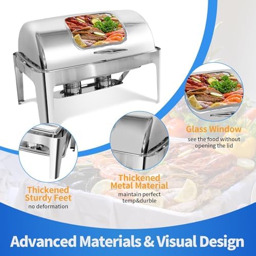 13 QT Roll Top Chafing Dish for Buffet, Chafing Dishes with Glass Window in Silver, alternate view 4