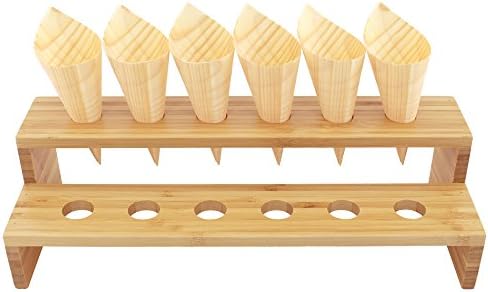 13" x 4.9" x 3.5" Natural Bamboo Straight Multi Level Food Cone Display Tamaki Stand for Restaurants, Catered