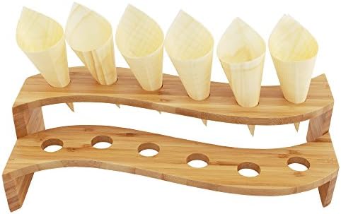 13" x 5.7" x 3.5" Natural Bamboo S Wave Multi Level Food Cone Display Tamaki Stand for Restaurants, Catered