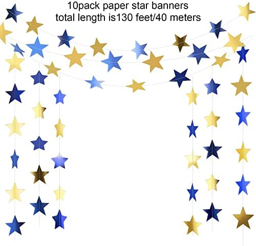 130 ft Star Garland Banner Decor, Blue, Gold in Gold, alternate view 3