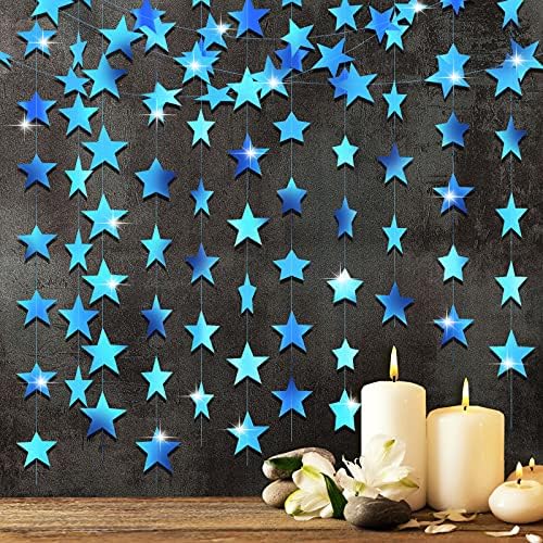 130 ft Star Garland Banner Decor, Holographic Blue