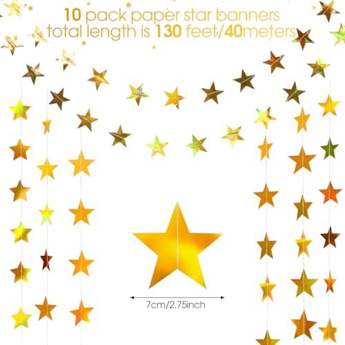130 ft Star Garland Banner Decor, Iridescent Gold, alternate view 3