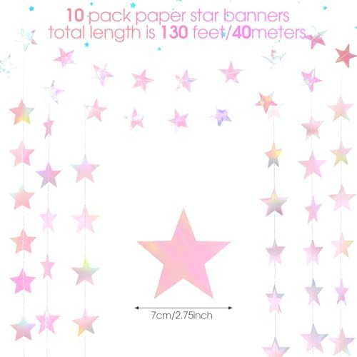 130 ft Star Garland Banner Decor, Iridescent Pink, alternate view 3