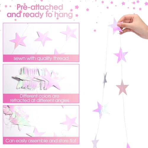 130 ft Star Garland Banner Decor, Iridescent Pink, alternate view 4
