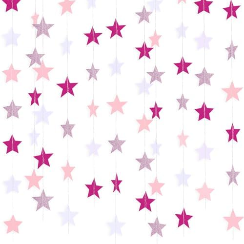 130 ft Star Garland Banner Decor, Pink, Rose Red, White in White