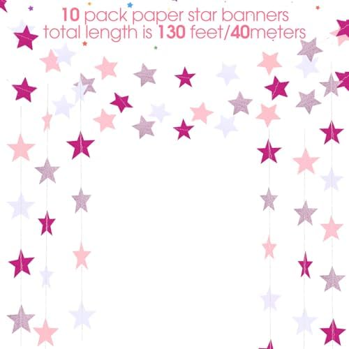 130 ft Star Garland Banner Decor, Pink, Rose Red, White in White, alternate view 4