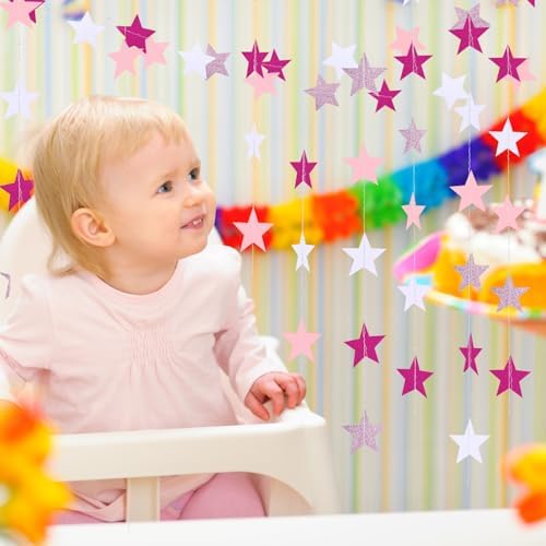 130 ft Star Garland Banner Decor, Pink, Rose Red, White in White, alternate view 5