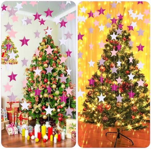 130 ft Star Garland Banner Decor, Pink, Rose Red, White in White, alternate view 6