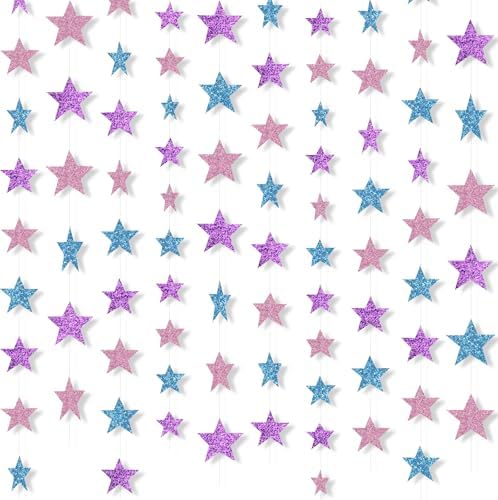 130 ft Star Garland Banner Decor, Purple, Pink, Blue in Blue