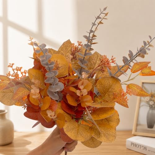 130 Pcs Fall Mixed Greenery Artificial Eucalyptus Stems, Orange, alternate view 2
