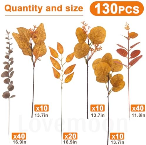 130 Pcs Fall Mixed Greenery Artificial Eucalyptus Stems, Orange, alternate view 3