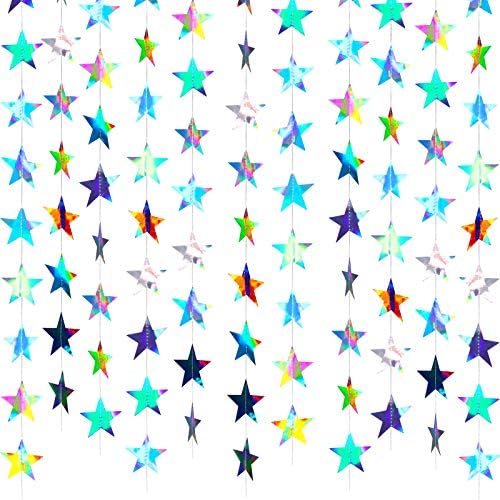 130ft Glitter Star Garland Hanging Banner, Holographic Iridescent