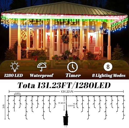 131FT 1280 LED Icicle Outdoor String Lights Multicolor - Waterproof Christmas Curtain Lights, 8 Modes Twinkle, alternate view