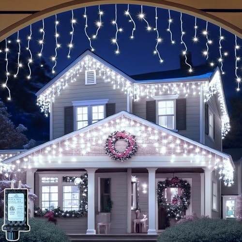 131FT Outdoor Icicle Lights Cold White- Waterproof Christmas Curtain Lights, 8 Modes Twinkle Function for Patio