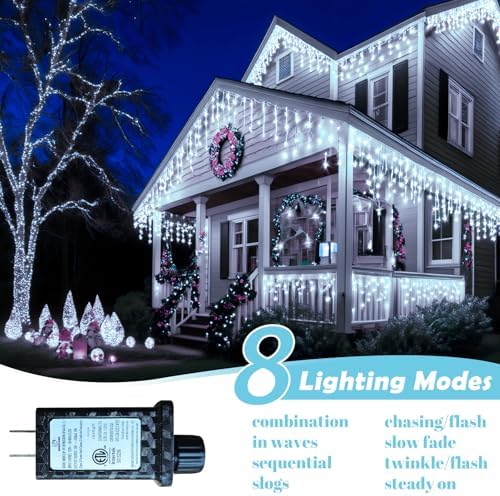 131FT Outdoor Icicle Lights Cold White- Waterproof Christmas Curtain Lights, 8 Modes Twinkle Function for Patio, alternate