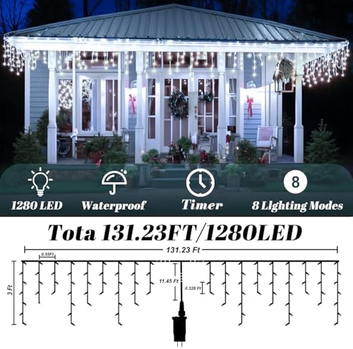 131FT Outdoor Icicle Lights Cold White- Waterproof Christmas Curtain Lights, 8 Modes Twinkle Function for Patio, alternate