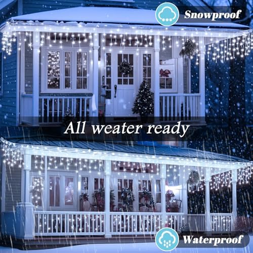 131FT Outdoor Icicle Lights Cold White- Waterproof Christmas Curtain Lights, 8 Modes Twinkle Function for Patio, alternate