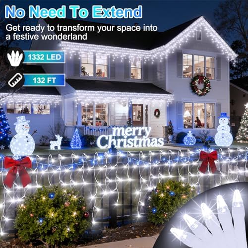 1332 LED 132FT Christmas Icicle Lights, 296 Drops, 12 Modes, Cool White in Cool White, alternate view 2