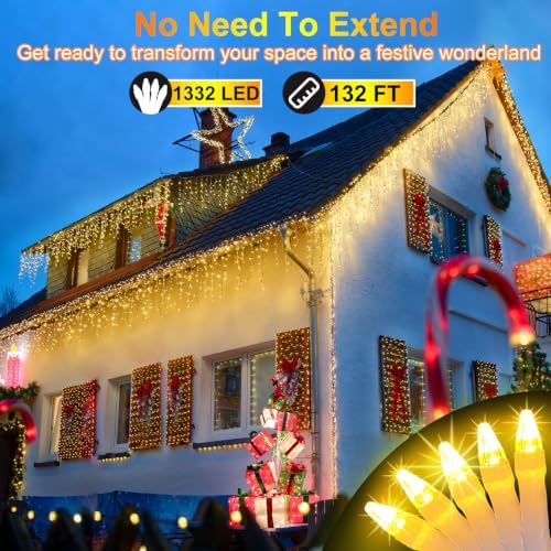1332 LED 132FT Christmas Icicle Lights, 296 Drops, 12 Modes, Warm White in Warm White, alternate view 2