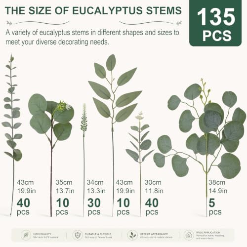 135 Pcs Artificial Eucalyptus Stems, Mixed Greenery Stems for Decor, alternate view 3