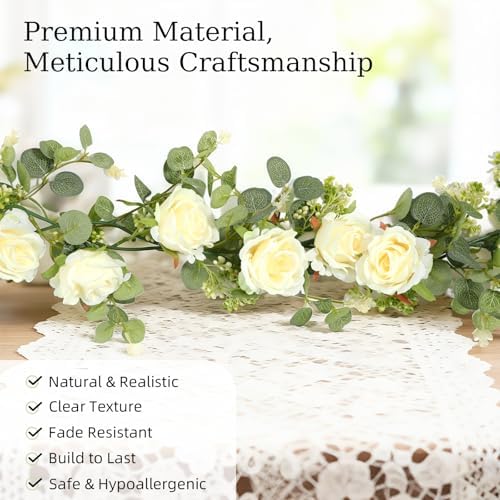 13FT Artificial Eucalyptus Flower Garland, 16 Champagne Roses, 2pcs, alternate view 4