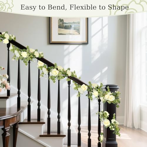 13FT Artificial Eucalyptus Flower Garland, 16 Champagne Roses, 2pcs, alternate view 6