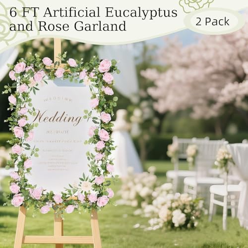 13FT Artificial Eucalyptus Garland with Flowers, 16 Pink Rose, 2pcs, alternate view 2