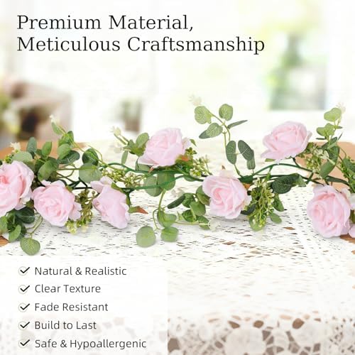 13FT Artificial Eucalyptus Garland with Flowers, 16 Pink Rose, 2pcs, alternate view 4