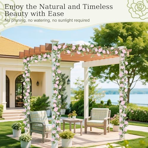 13FT Artificial Eucalyptus Garland with Flowers, 16 Pink Rose, 2pcs, alternate view 5