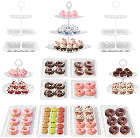 13PCS Cupcake Stand Set, 2-Tier Round & 3-Tier Square Trays, 4 Small Square + 4 Rectangle Platters, Tiered