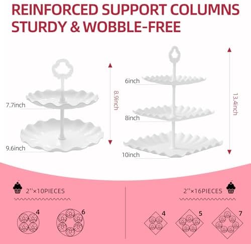 13PCS Cupcake Stand Set, 2-Tier Round & 3-Tier Square Trays, 4 Small Square + 4 Rectangle Platters, Tiered, alternate view 2