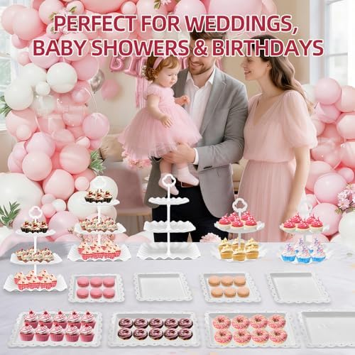 13PCS Cupcake Stand Set, 2-Tier Round & 3-Tier Square Trays, 4 Small Square + 4 Rectangle Platters, Tiered, alternate view 3