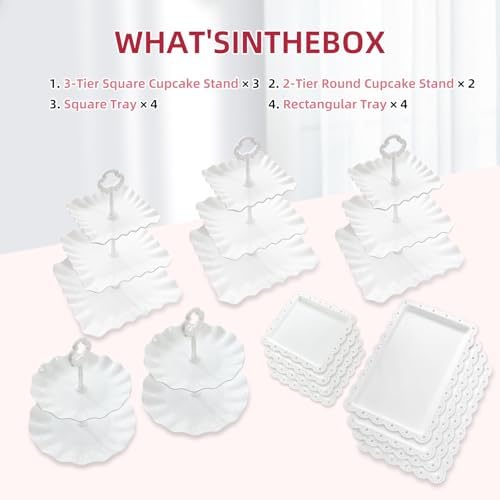 13PCS Cupcake Stand Set, 2-Tier Round & 3-Tier Square Trays, 4 Small Square + 4 Rectangle Platters, Tiered, alternate view 7