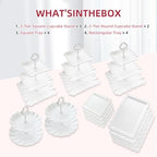 13PCS Cupcake Stand Set, 2-Tier Round & 3-Tier Square Trays, 4 Small Square + 4 Rectangle Platters, Tiered, alternate view 7