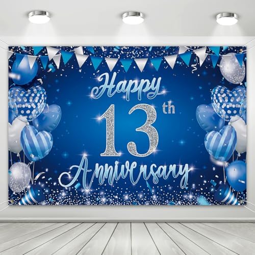 13th Anniversary Backdrop, Blue & Silver Happy 13th Wedding Anniversary Photo Background Wall Decor, Couples
