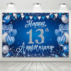 13th Anniversary Backdrop, Blue & Silver Happy 13th Wedding Anniversary Photo Background Wall Decor, Couples
