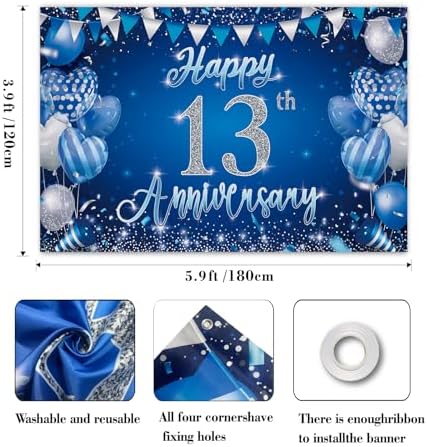 13th Anniversary Backdrop, Blue & Silver Happy 13th Wedding Anniversary Photo Background Wall Decor, Couples, alternate view