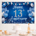 13th Anniversary Backdrop, Blue & Silver Happy 13th Wedding Anniversary Photo Background Wall Decor, Couples, alternate view