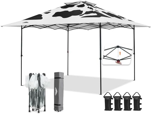 13x13 Pop Up Canopy Tent, Auto Extended Eaves, Cow Print