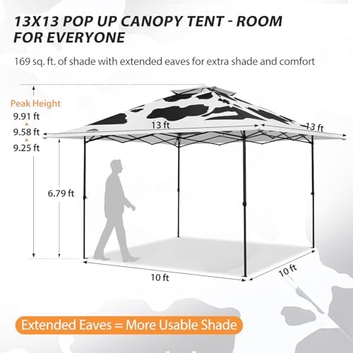 13x13 Pop Up Canopy Tent, Auto Extended Eaves, Cow Print, alternate view 2
