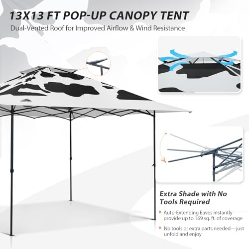 13x13 Pop Up Canopy Tent, Auto Extended Eaves, Cow Print, alternate view 4
