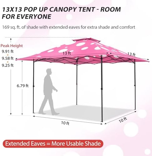 13x13 Pop Up Canopy Tent, Auto Extended Eaves, Pink Mushroom, alternate view 3