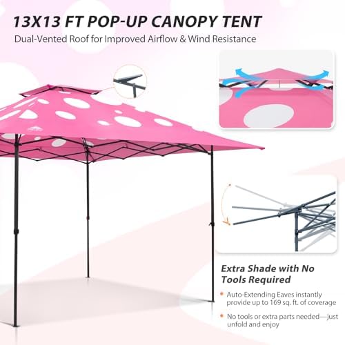 13x13 Pop Up Canopy Tent, Auto Extended Eaves, Pink Mushroom, alternate view 5
