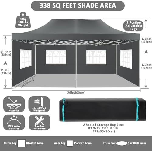13x26 Pop Up Canopy Tent, Heavy Duty Canopy(Gray with 6 Sidewalls), alternate view 2