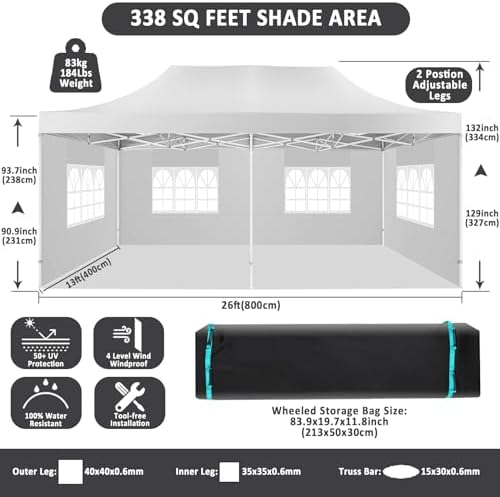 13x26 Pop Up Canopy Tent, Heavy Duty Canopy(White with 6 Sidewalls), alternate view 2