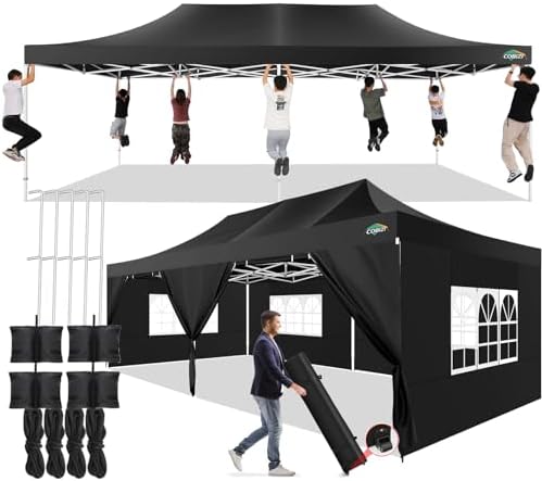 13x26 Pop Up Canopy Tent with 8 Sidewalls, Heavy Duty Canopy, Black in Black