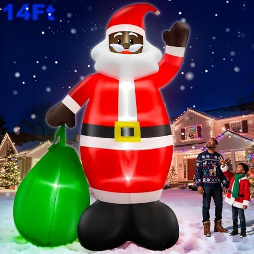 14 Ft by 8.5 Ft Giant Christmas Inflatable Black Santa Holding Gift Bag, African American Christmas Decorations