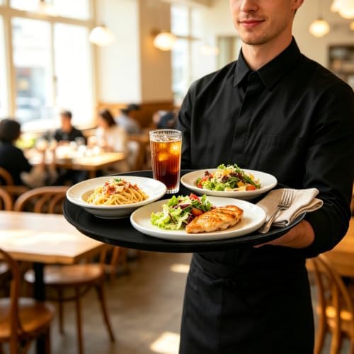 14 Inch Round Non-Slip Serving Tray, 4 Pack Rubber Surface Platter in Black, alternate view 2