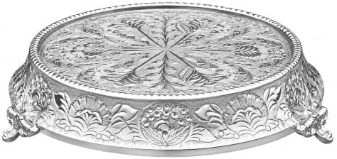 14 inch Round Tapered Silver Wedding Cake Stand, Hand Crafted, Embossed, Durable Build in Silver